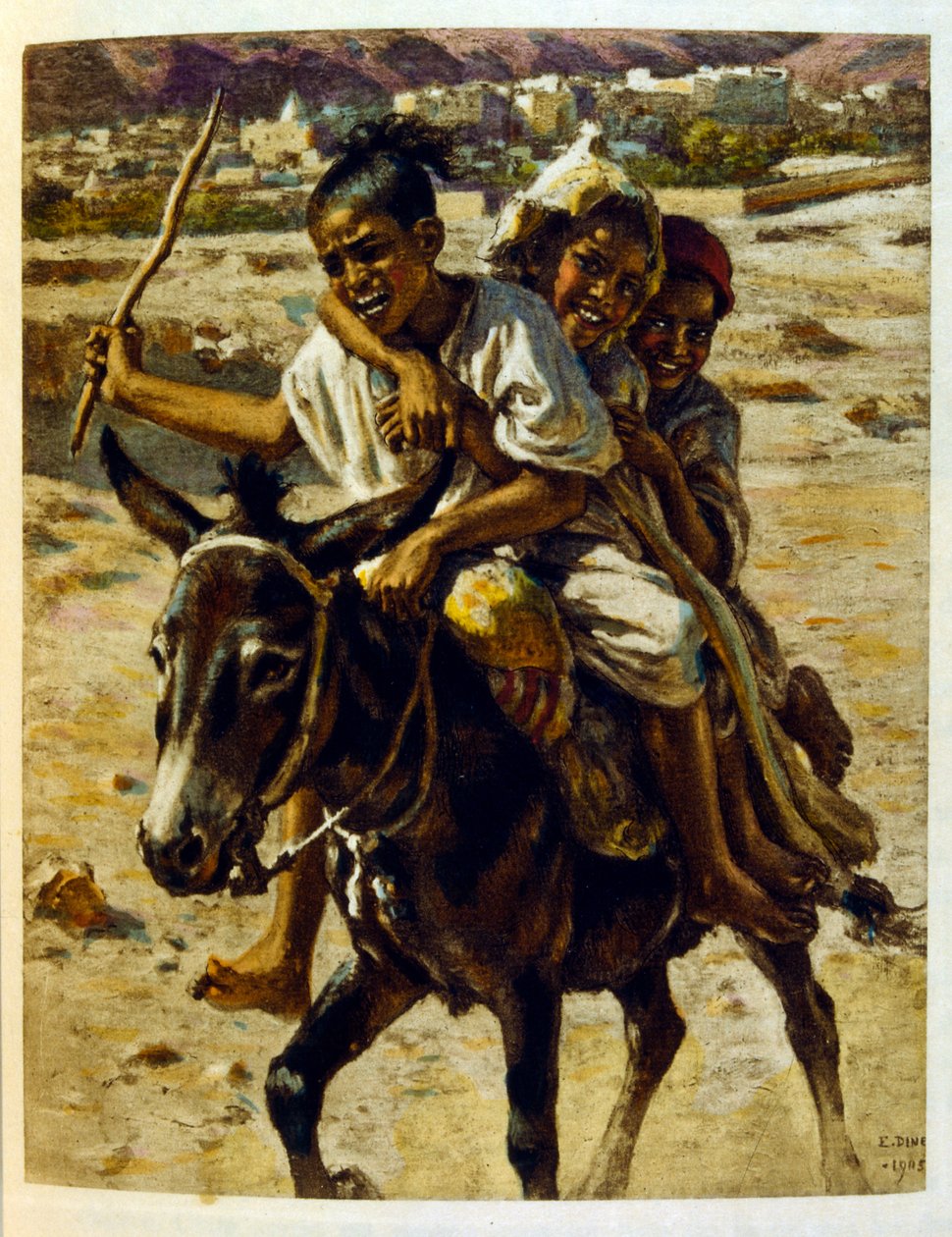 Illustration av Dinet från "Mirages" scener av arabiskt liv. 1906. Mirages, Scénes De La Vie Arab illustrerades av Etienne Dinet med kommentarer av Silman Ben Ibrahim Bamer. Nasreddine Dinet föddes som Alphonse-Étienne Dinet; (1861-1929) var en fransk orie av Alphonse Etienne Dinet