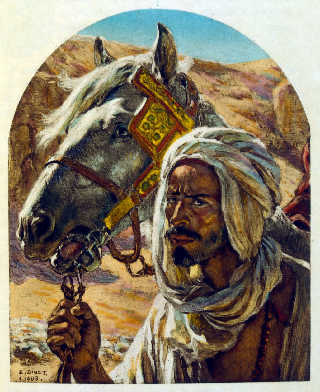 Illustration av Dinet från "Mirages" Scener av det arabiska livet. 1906. Mirages, Scénes De La Vie Arab illustrerades av Etienne Dinet med kommentarer av Silman Ben Ibrahim Bamer. Nasreddine Dinet föddes som Alphonse-Étienne Dinet; (1861-1929) var en frans av Alphonse Etienne Dinet