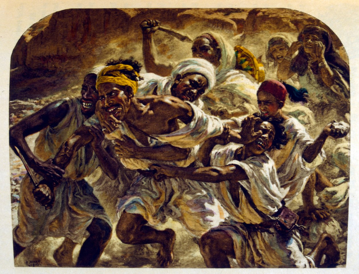 Illustration av Dinet från "Mirages" Scener av det arabiska livet. 1906. Mirages, Scénes De La Vie Arab illustrerades av Etienne Dinet med kommentarer av Silman Ben Ibrahim Bamer. Nasreddine Dinet föddes som Alphonse-Étienne Dinet; (1861-1929) var en frans av Alphonse Etienne Dinet