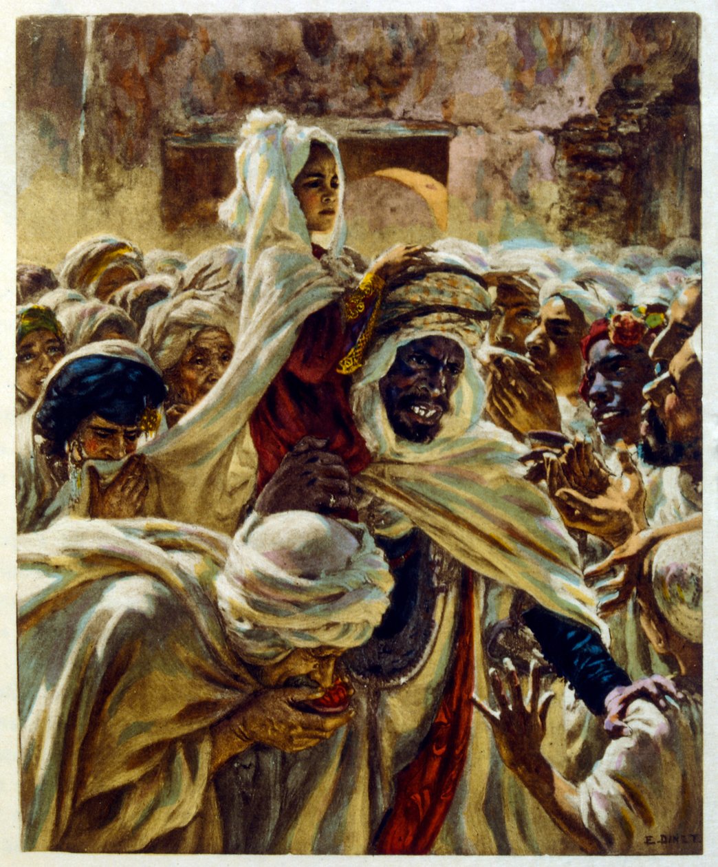 Illustration av Dinet från "Mirages" Scener av det arabiska livet. 1906. Mirages, Scénes De La Vie Arab illustrerades av Etienne Dinet med kommentarer av Silman Ben Ibrahim Bamer. Nasreddine Dinet föddes som Alphonse-Étienne Dinet; (1861-1929) var en frans av Alphonse Etienne Dinet