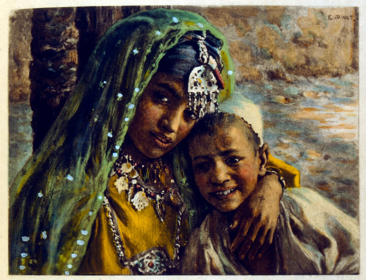 Illustration av Dinet från "Mirages" Scener av det arabiska livet. 1906. Mirages, Scénes De La Vie Arab illustrerades av Etienne Dinet med kommentarer av Silman Ben Ibrahim Bamer. Nasreddine Dinet föddes som Alphonse-Étienne Dinet; (1861-1929) var en frans av Alphonse Etienne Dinet