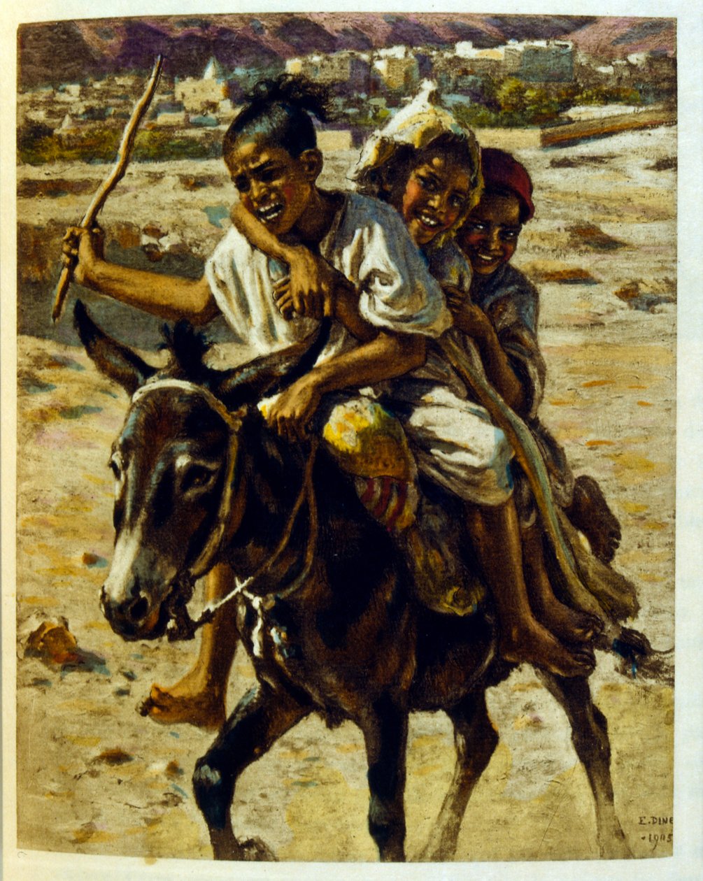 Illustration av Dinet från "Mirages" scener av arabiskt liv. 1906. Mirages, Scénes De La Vie Arab illustrerades av Etienne Dinet med kommentarer av Silman Ben Ibrahim Bamer. Nasreddine Dinet föddes som Alphonse-Étienne Dinet; (1861-1929) var en fransk orie av Alphonse Etienne Dinet