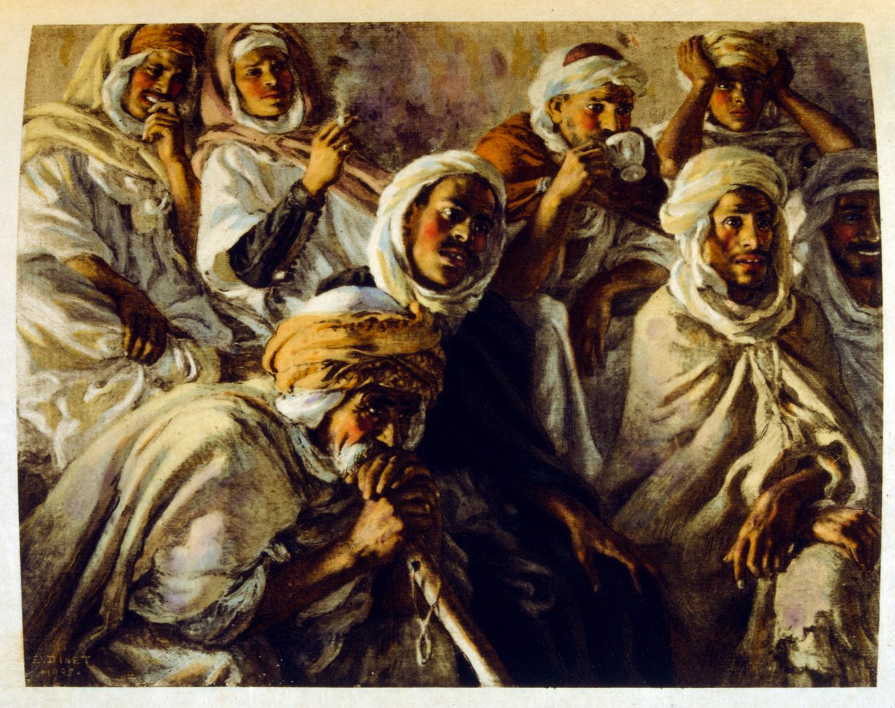 Illustration av Dinet från "Mirages" Scener av det arabiska livet. 1906. Mirages, Scénes De La Vie Arab illustrerades av Etienne Dinet med kommentarer av Silman Ben Ibrahim Bamer. Nasreddine Dinet föddes som Alphonse-Étienne Dinet; (1861-1929) var en frans av Alphonse Etienne Dinet