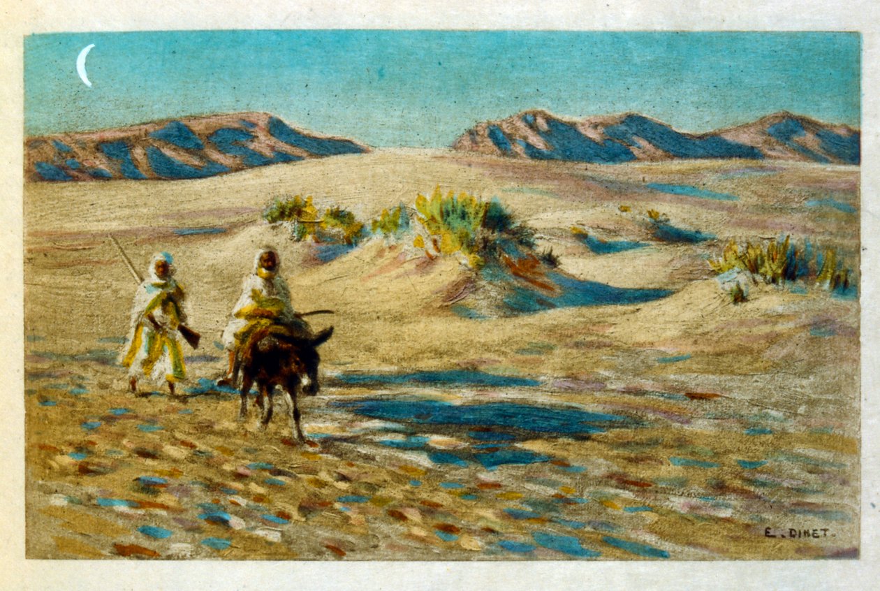Illustration av Dinet från "Mirages" Scener av det arabiska livet. 1906. Mirages, Scénes De La Vie Arab illustrerades av Etienne Dinet med kommentarer av Silman Ben Ibrahim Bamer. Nasreddine Dinet föddes som Alphonse-Étienne Dinet; (1861-1929) var en frans av Alphonse Etienne Dinet