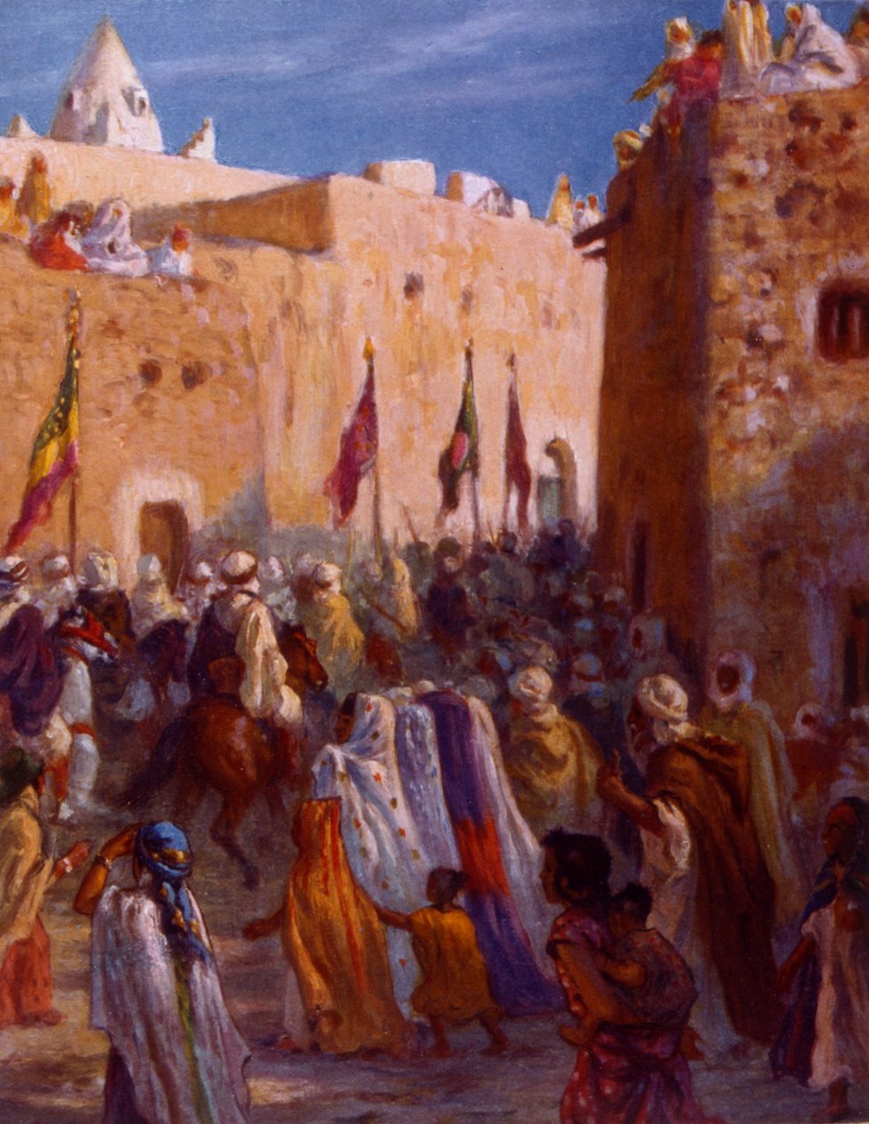 Illustration som visar muslimska arabiska krigare som lämnar en stad för att inleda jihad eller heligt krig. av Nasreddine Dinet (Alphonse-Étienne Dinet). 1861 1929. en fransk orientalistisk målare. 1918. av Alphonse Etienne Dinet