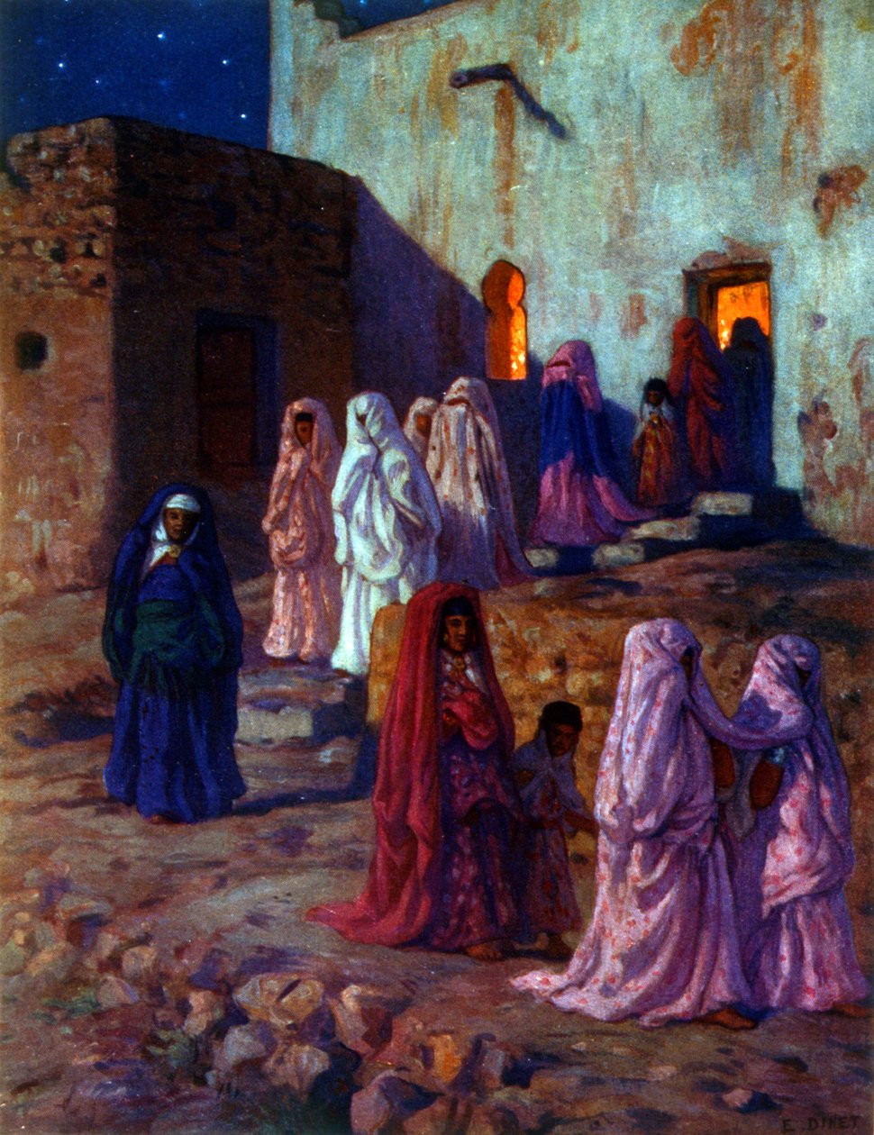 Illustration som visar muslimska arabiska kvinnor som firar "Mawlid" (profetens födelse). firandet av den islamiske profeten Muhammeds födelsedag. Av Nasreddine Dinet (Alphonse-Étienne Dinet). 1861 1929. en fransk orientalistisk målare. 1918. av Alphonse Etienne Dinet
