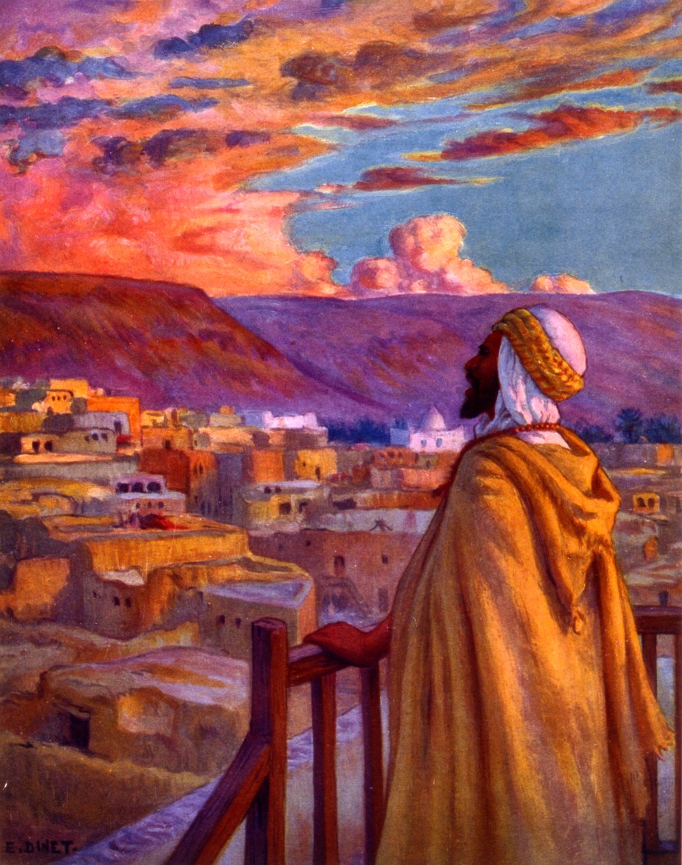 Muezzin kallar de troende till bön i en by i öknen. av Nasreddine Dinet (Alphonse-Étienne Dinet). 1861 1929. fransk orientalistisk målare 1918 av Alphonse Etienne Dinet