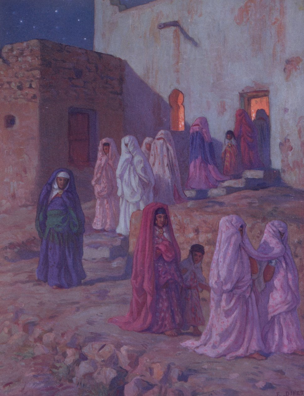 Muslimer som lämnar byns moské på mouledagen, illustration från en historik över profeten Muhammeds liv, publicerad i Paris 1918. av Alphonse Etienne Dinet