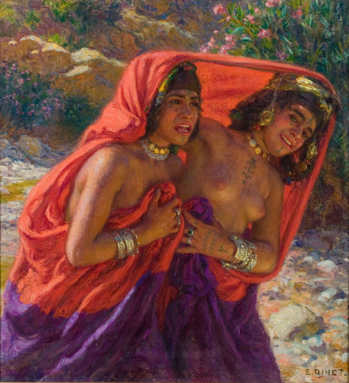 De skrämda badarna; La Fuite des Baigneuses (olja på duk) av Alphonse Etienne Dinet
