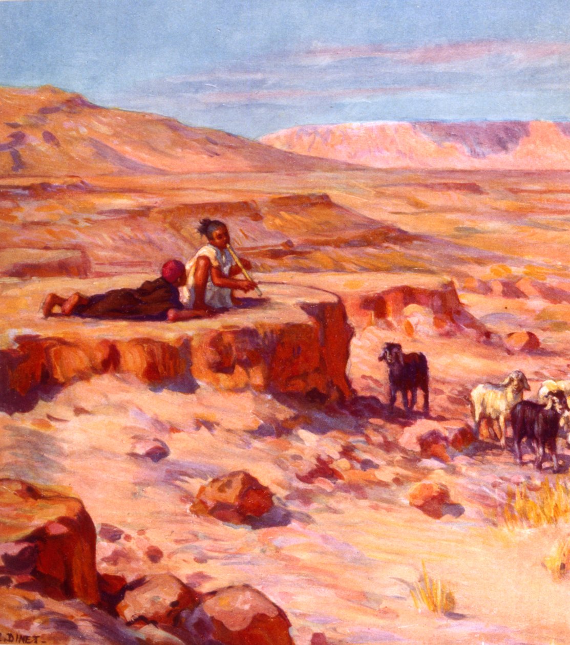 två arabiska nomadbarn spelar flöjt medan de tittar på getter i öknen. av Nasreddine Dinet (Alphonse-Étienne Dinet). 1861 1929. fransk orientalistisk målare 1918 av Alphonse Etienne Dinet