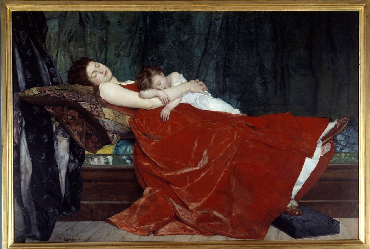 Sova Kvinna och barn sover. Målning av Alphonse Lecadre (1842-1875) 1872 Nantes, Musee des Beaux Arts av Alphonse Eugene Felix Lecadre
