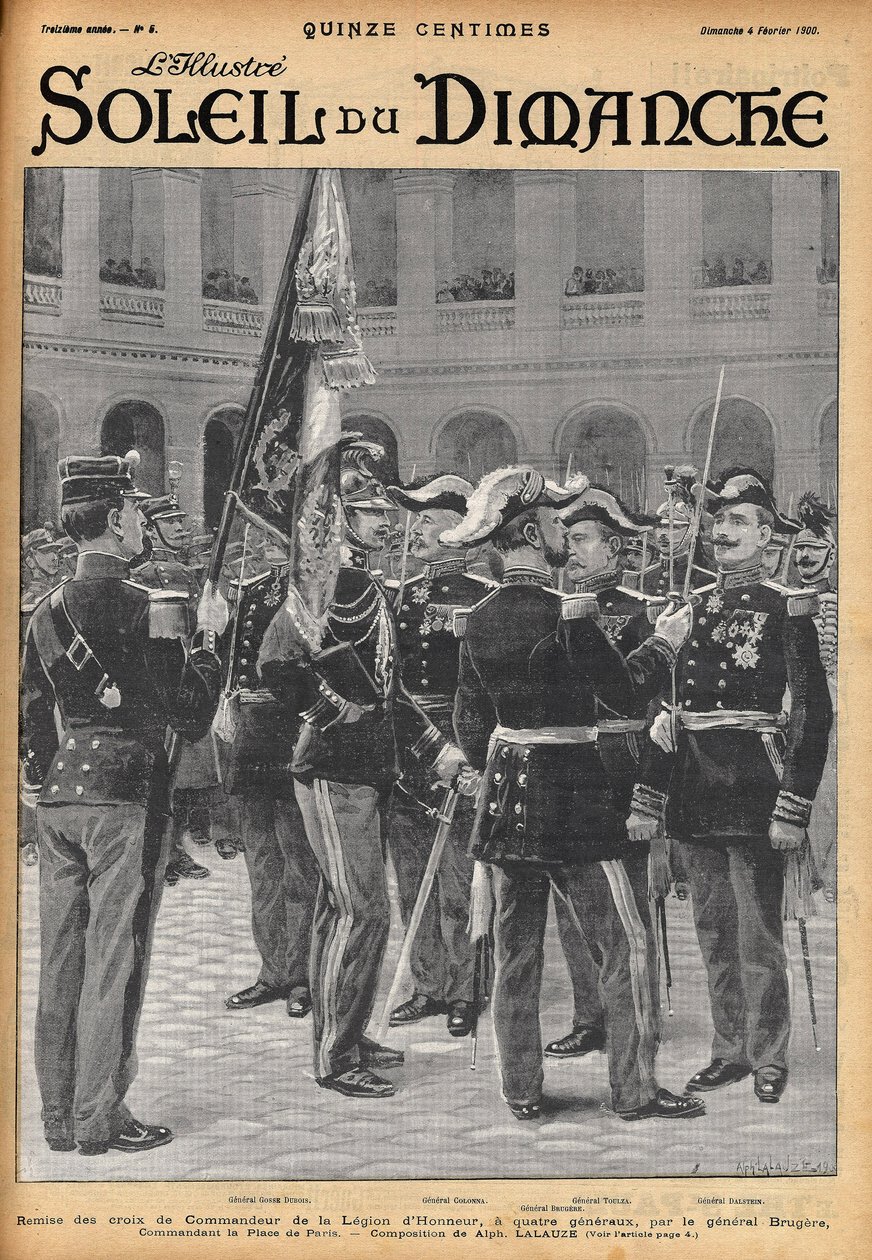 Presentation av Hederslegionens befälhavarkors för fyra generaler (Gosse Dubois, General Colonna, General Toulza, General Dalstein) av General Brugere. Gravyr av Lalauze för en av "Le Soleil-du-Dimanche" i februari 1900. av Alphonse Lalauze