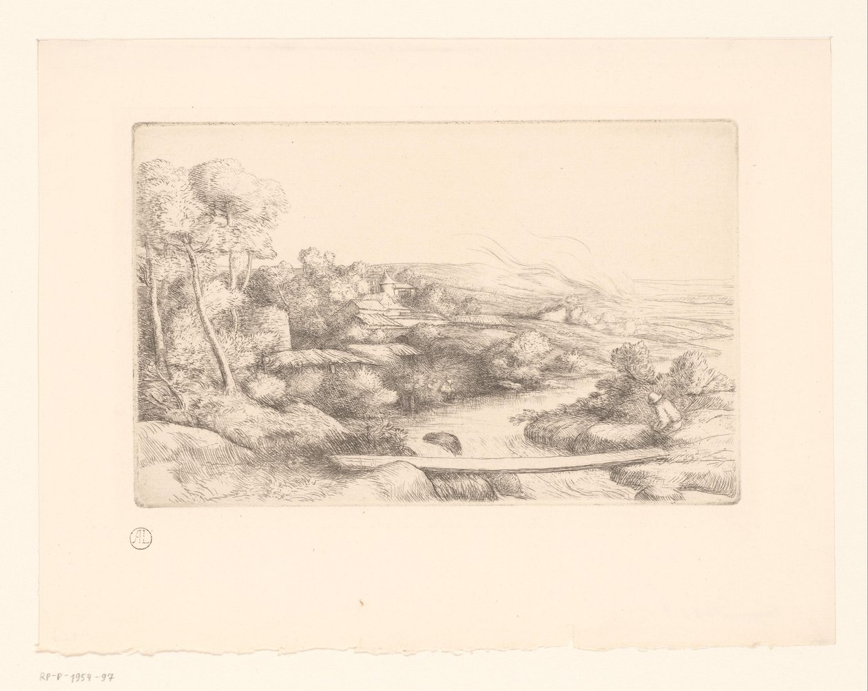 Landskap med planka över en flod la passerelle av Alphonse Legros (attributed to)