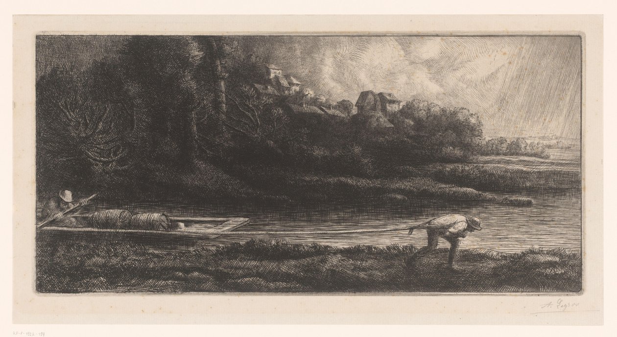 Landskap med en pråm Le tillbaka av Alphonse Legros (signed by artist)