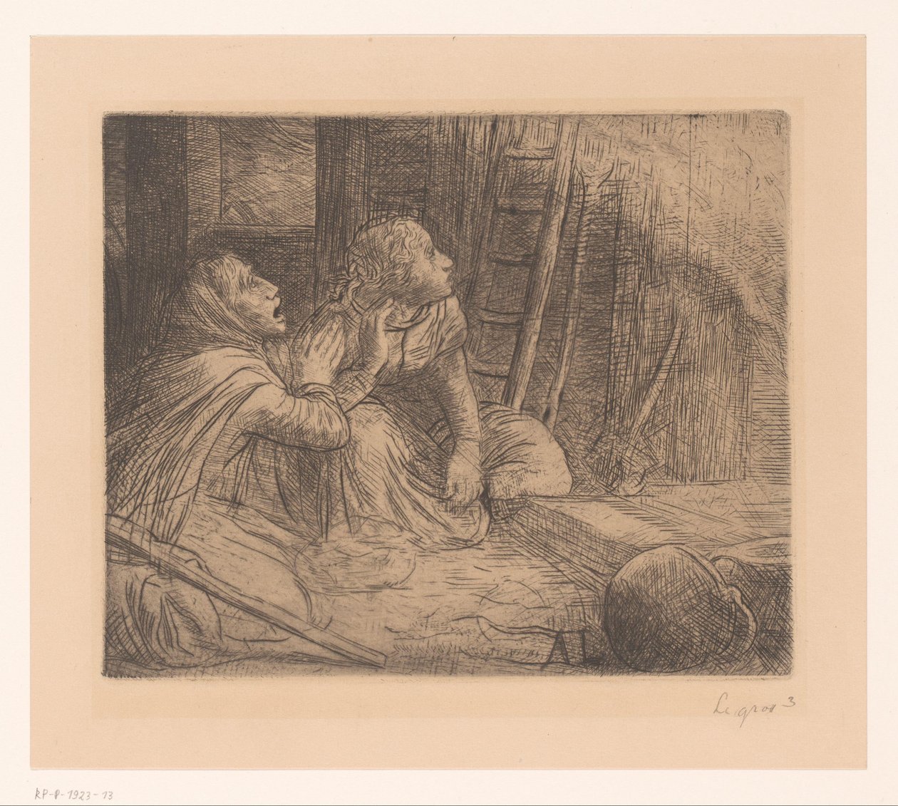 Två knästående kvinnor tittar upp av Alphonse Legros (signed by artist)