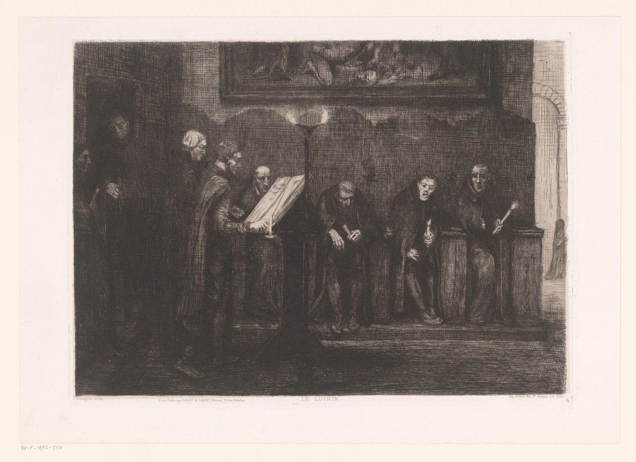 Åtta män runt en talarstol Le lutrin (titel på objekt) av Alphonse Legros