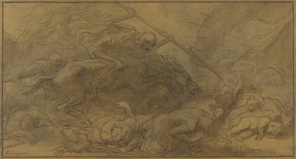 After the Battle (penna och brunt bläck med brun lavering över grafit på brunt papper) av Alphonse Legros