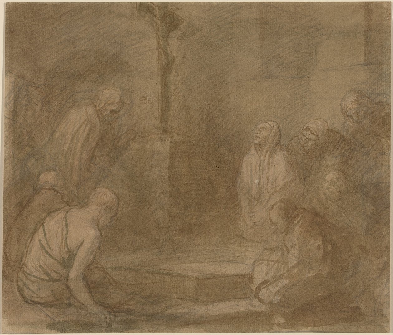 At the Foot of the Cross (penna och brunt bläck med brun lavering över grafit på liggande papper) av Alphonse Legros
