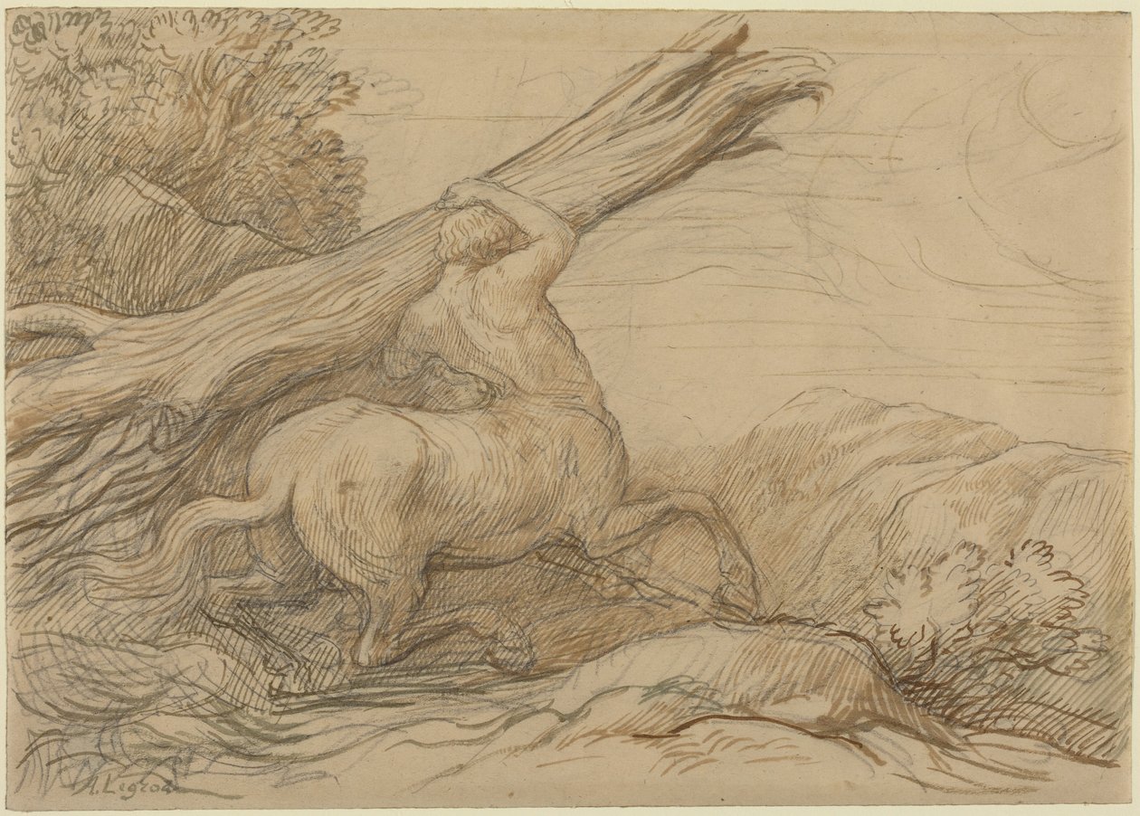 Kentaur som bär en trädstam (brunt och grönt bläck över grafit) av Alphonse Legros