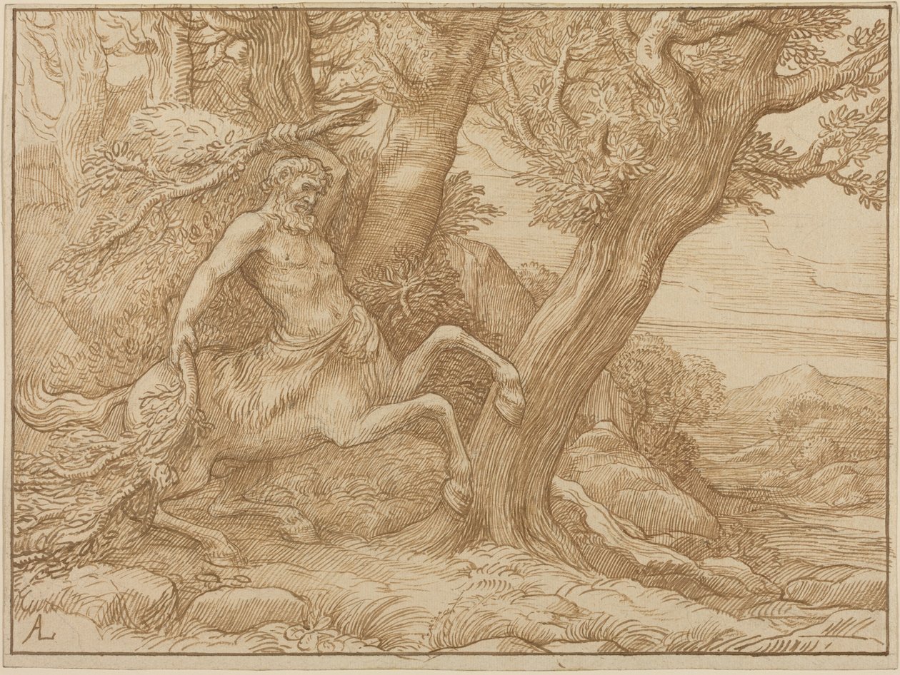 Kentaur med grenar (penna och brunt bläck på vävt papper) av Alphonse Legros