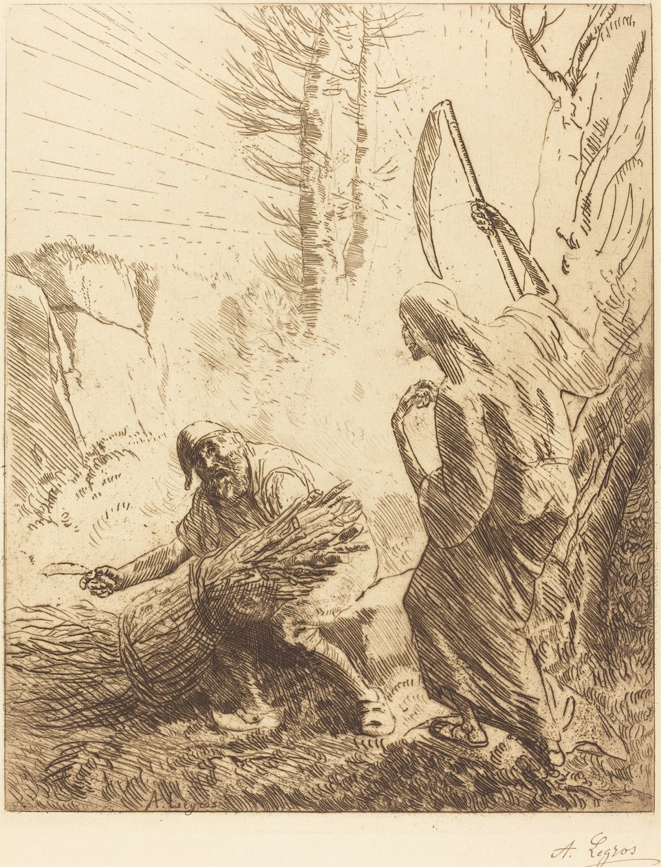Döden och vedhuggaren, 3:e tallriken La mort et le bucheron. av Alphonse Legros