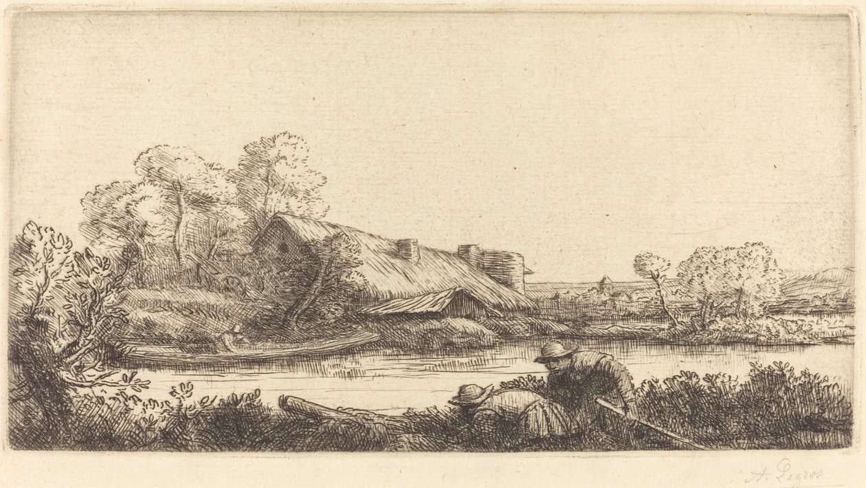 Gård längs floden sett av kvällsljus av Alphonse Legros