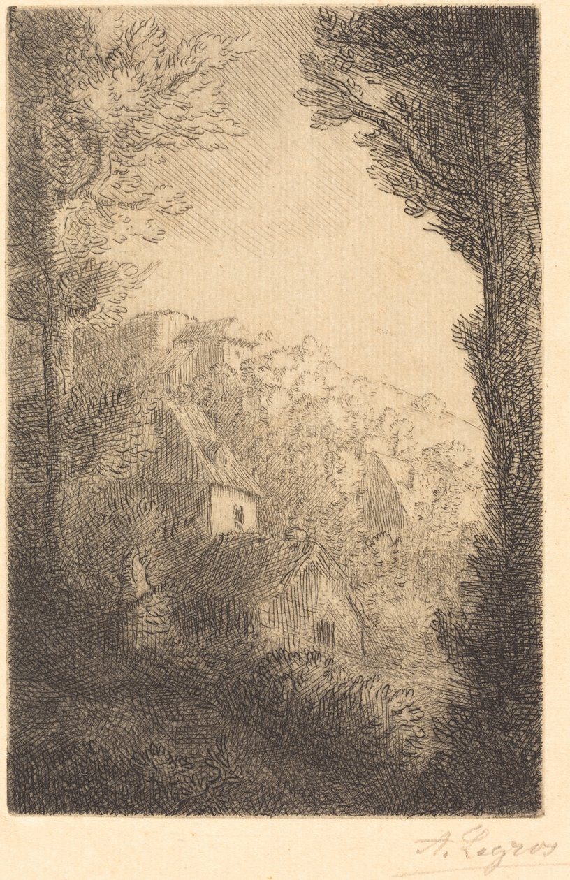 Gård på en sluttning i solljus av Alphonse Legros