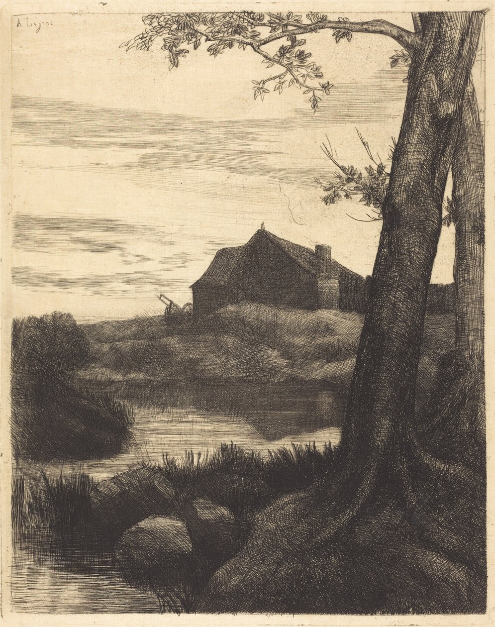 Farm with Large Tree (Gården med det stora trädet) av Alphonse Legros