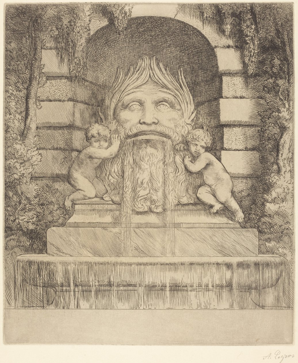 Fontän: grotesk mask, barn och bassäng av Alphonse Legros