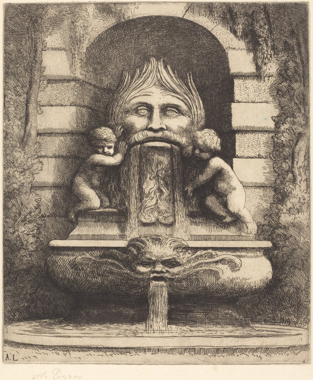 Fountain: Grotesque, Children and Basin Une fountaine: Masque, enfants et bassin. av Alphonse Legros