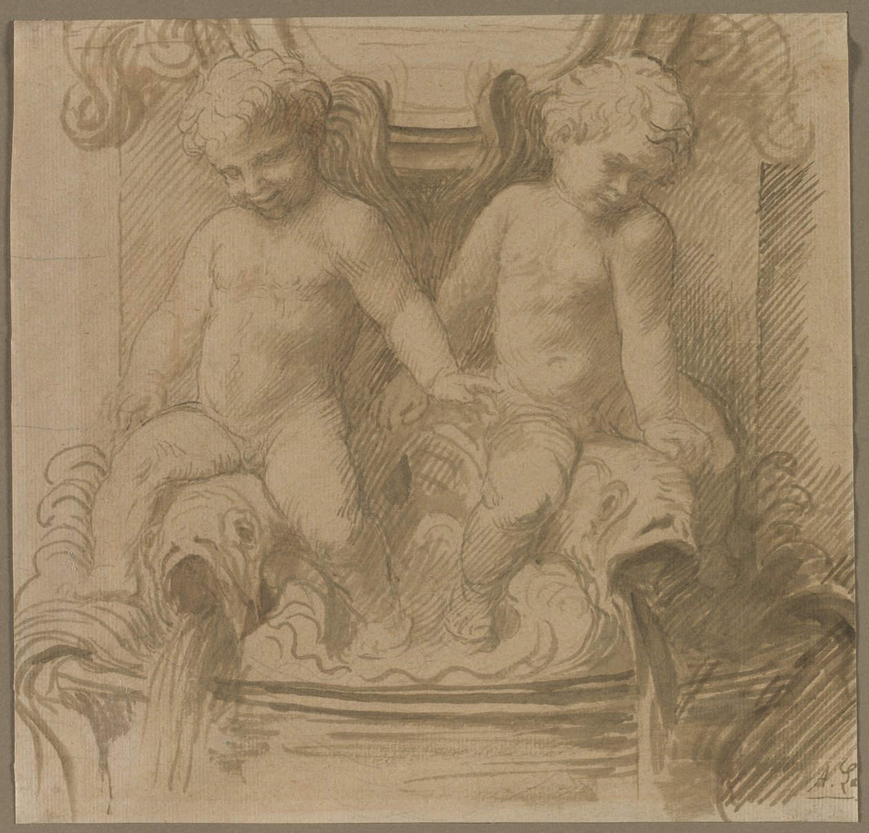 Fontän med Putti Riding Dolphins, sista halvan av 1800-talet. av Alphonse Legros