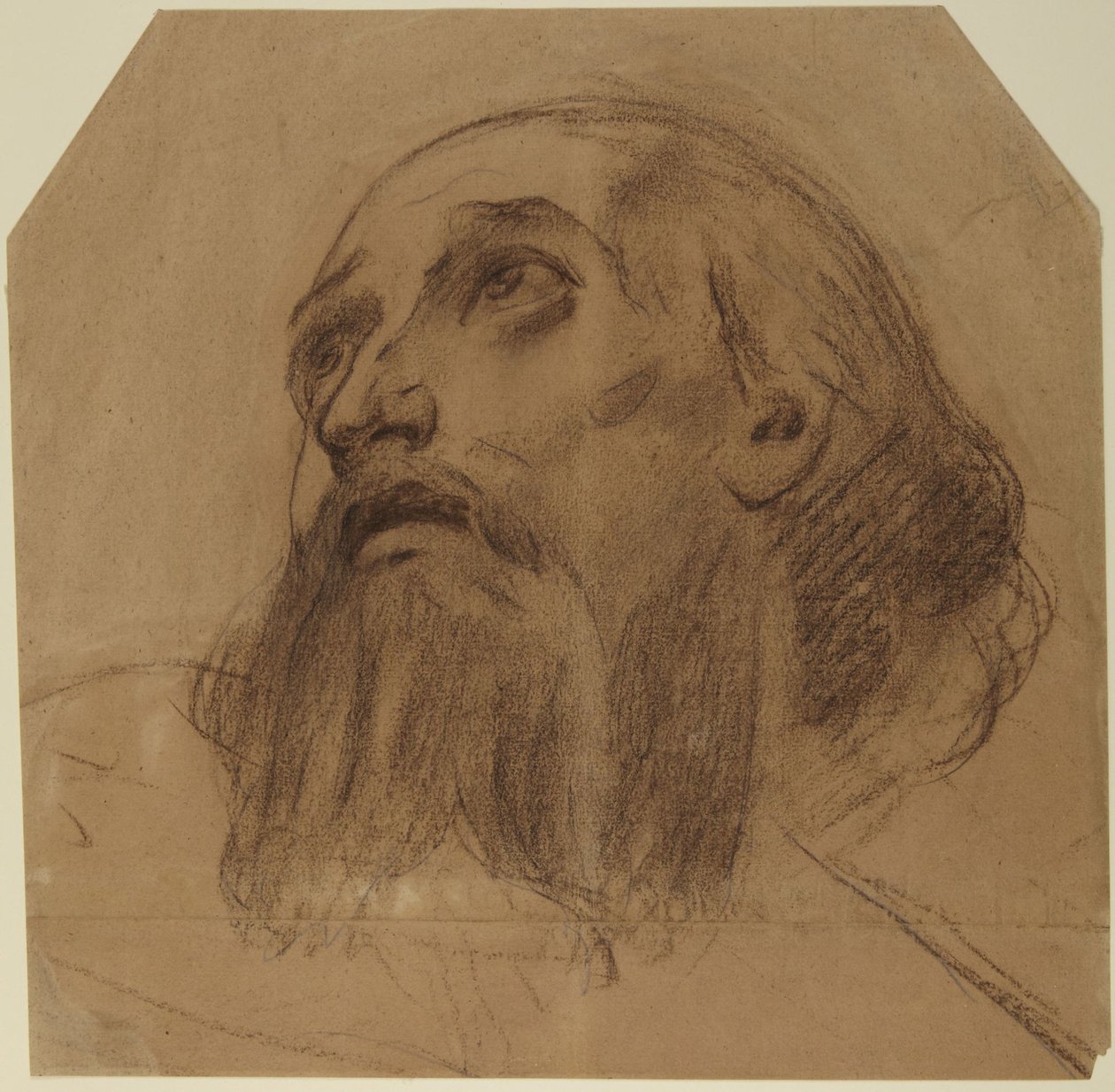 Huvud av en skäggig helgon som blickar uppåt av Alphonse Legros