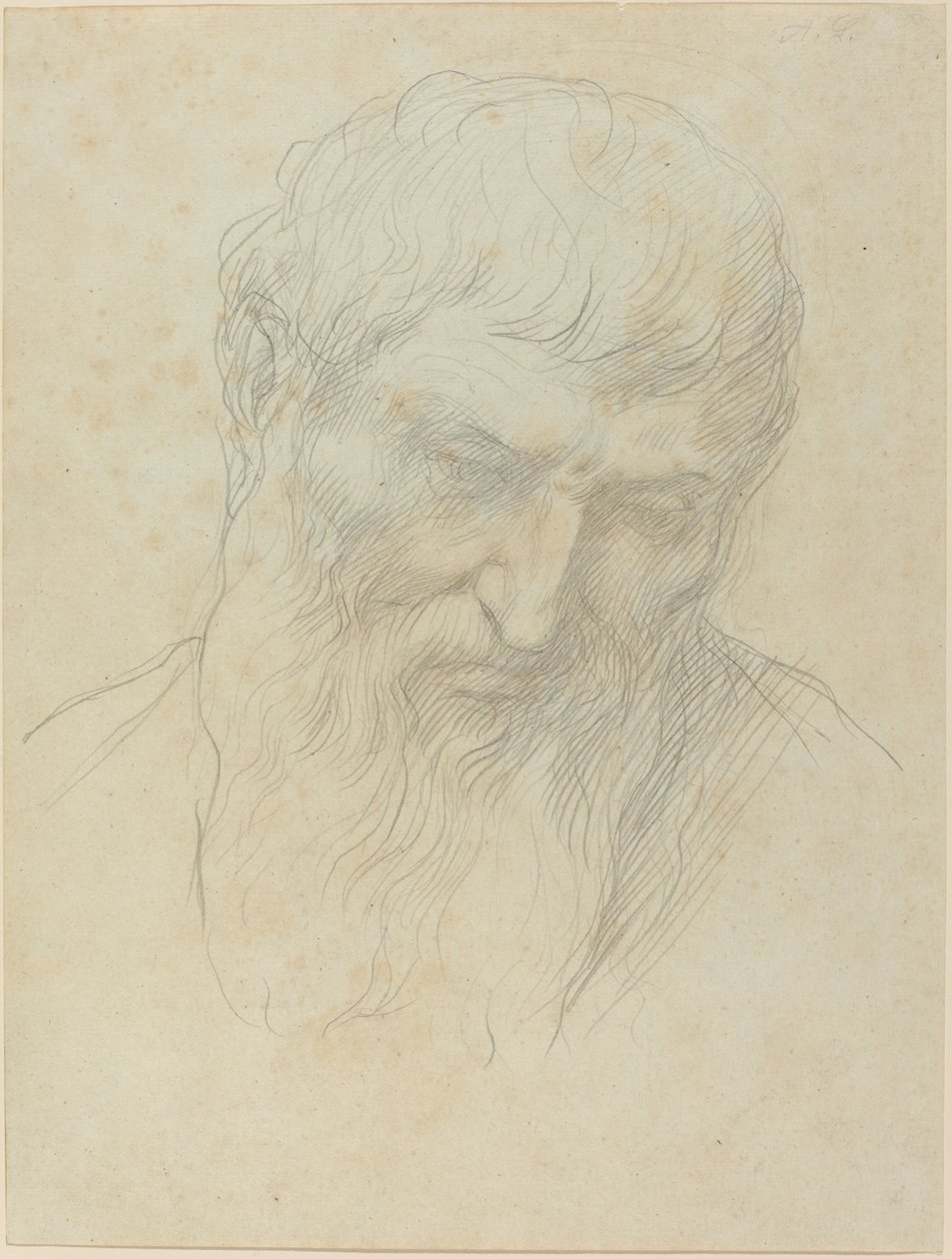 Huvud av en man med lockigt hår och skägg. av Alphonse Legros