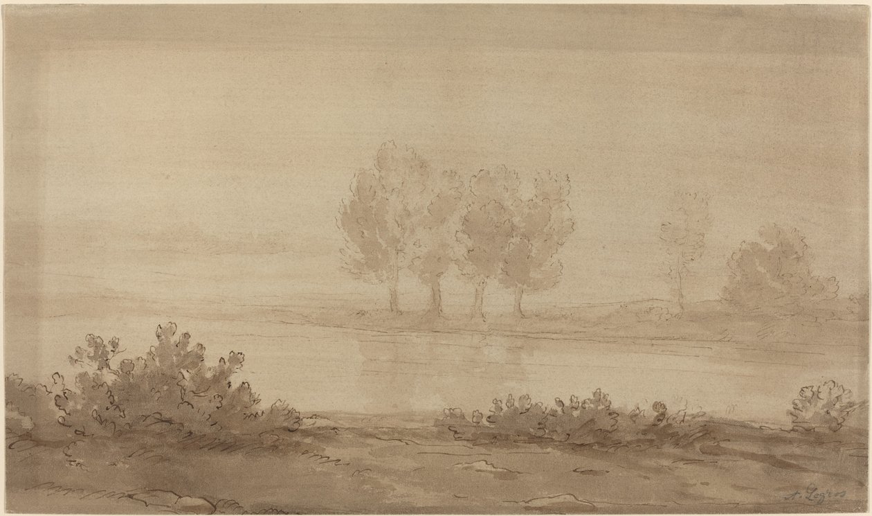 Landskap - Fyra träd bortom en flod av Alphonse Legros