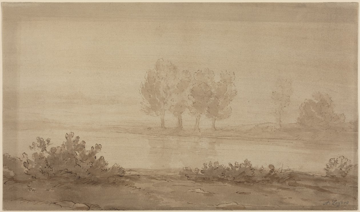 Landskap - fyra träd bortom en flod av Alphonse Legros