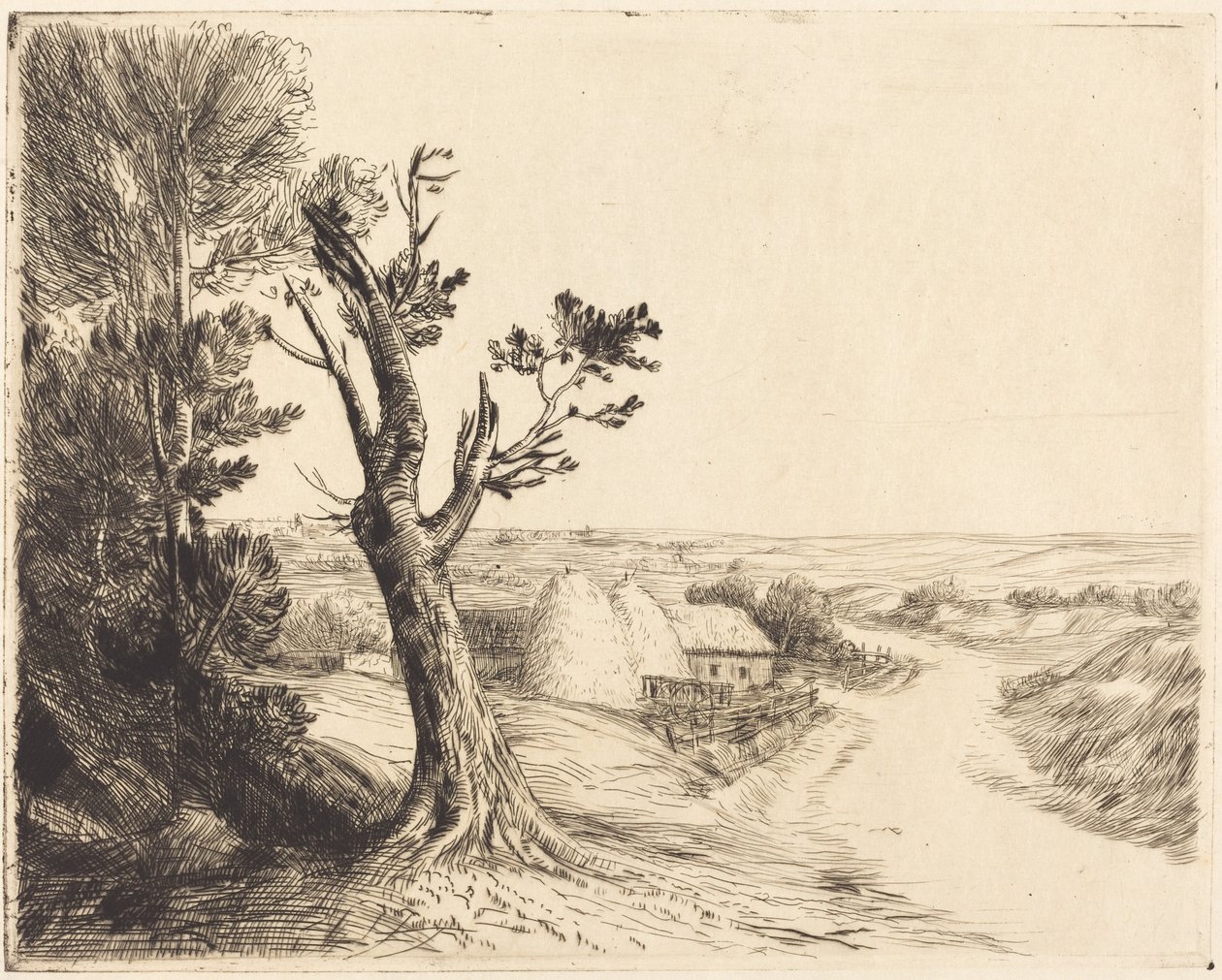 Landskap med höstackar (Le paysage aux meules) av Alphonse Legros