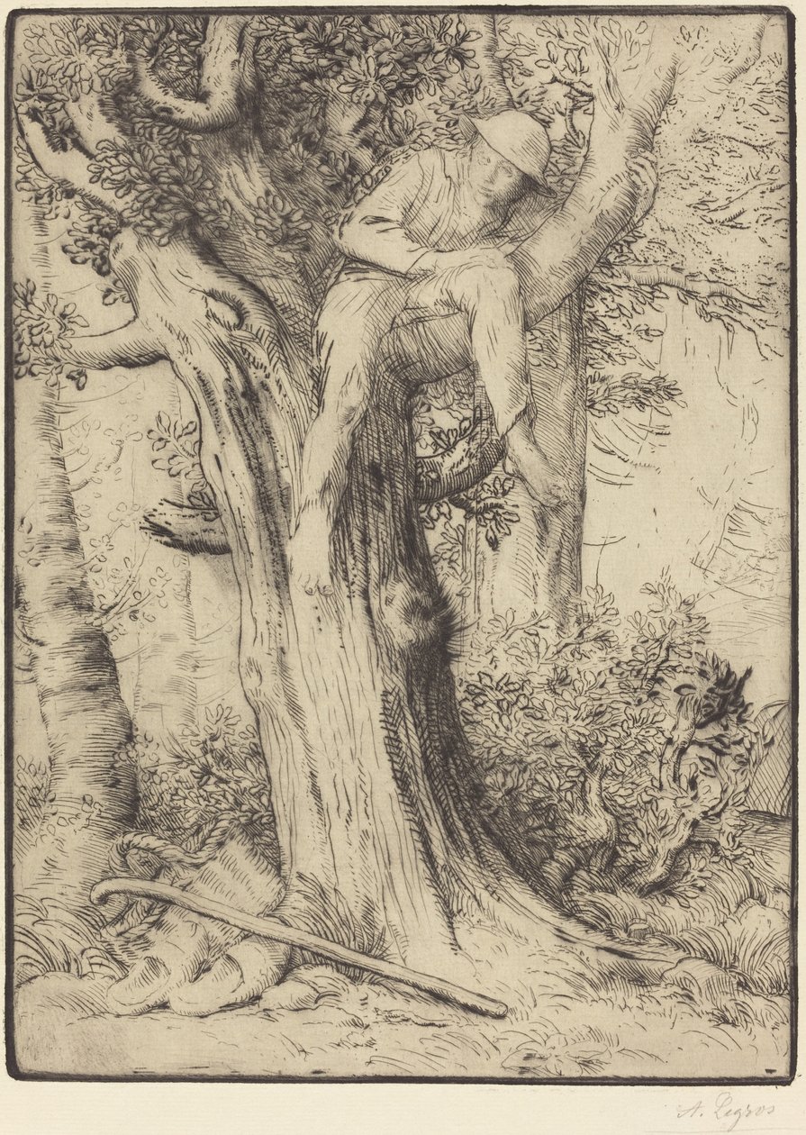 Landskap med en pojke i ett träd av Alphonse Legros