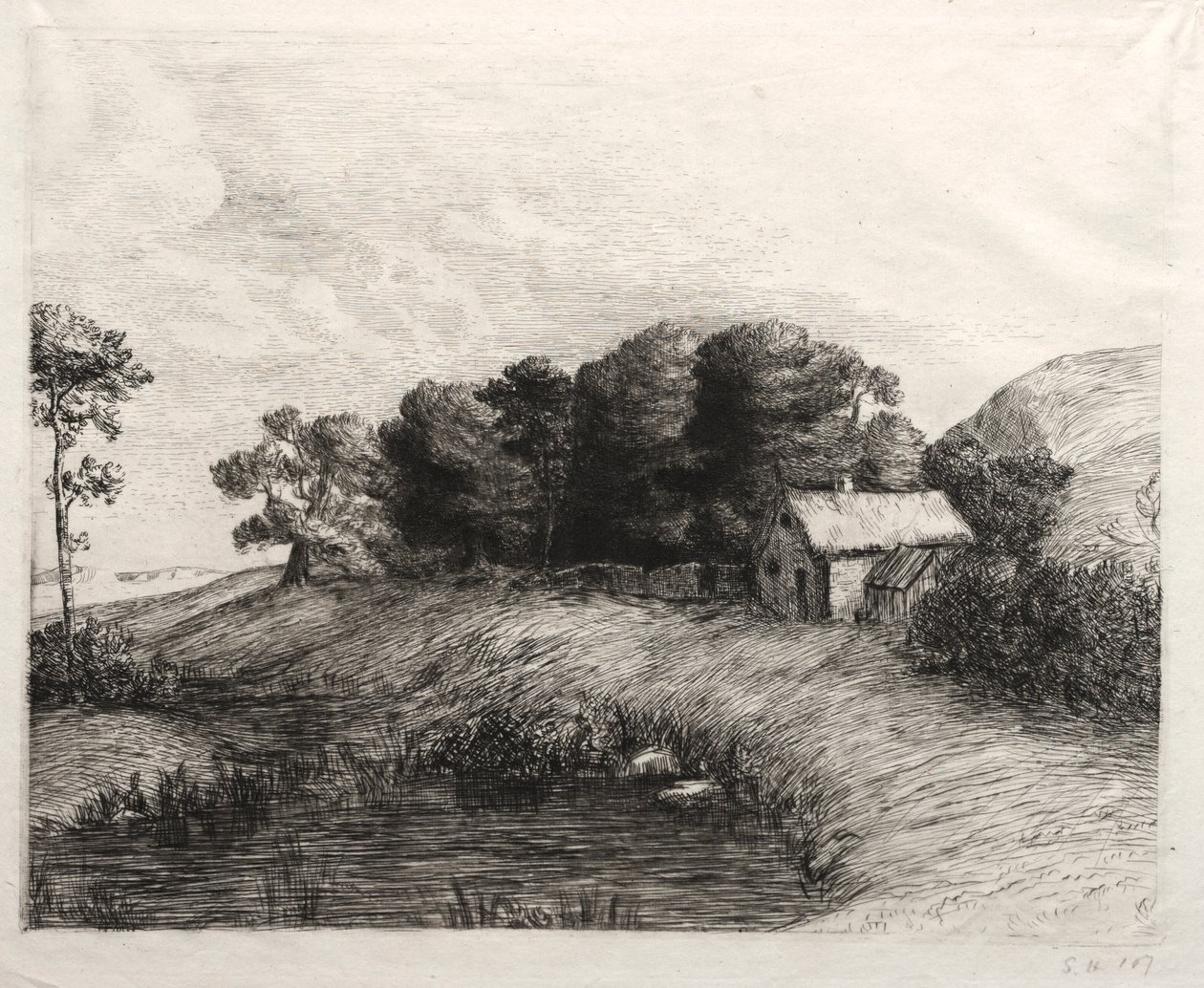 Landskap med en damm. av Alphonse Legros