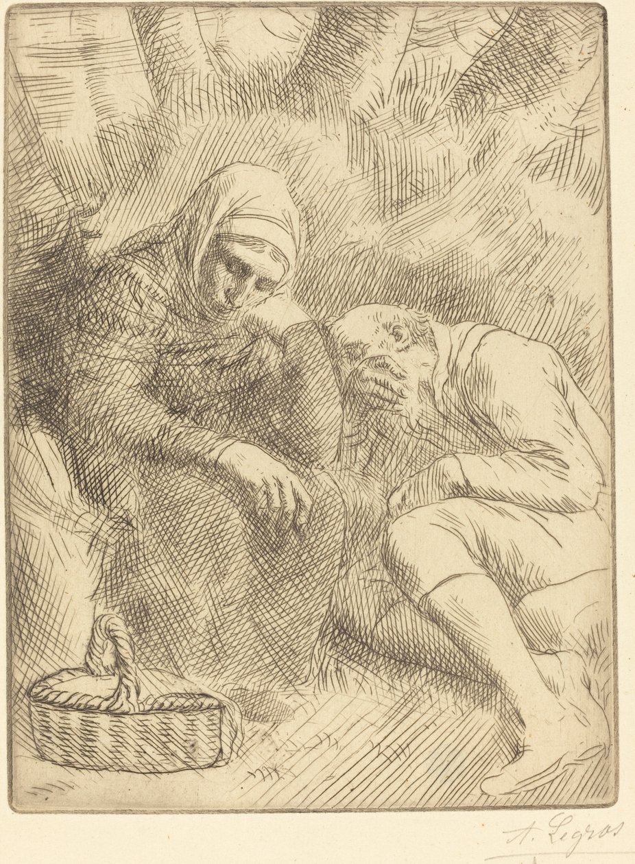 Man och fru sitter vid vägen med en korg Homme et femme assis au bord... av Alphonse Legros