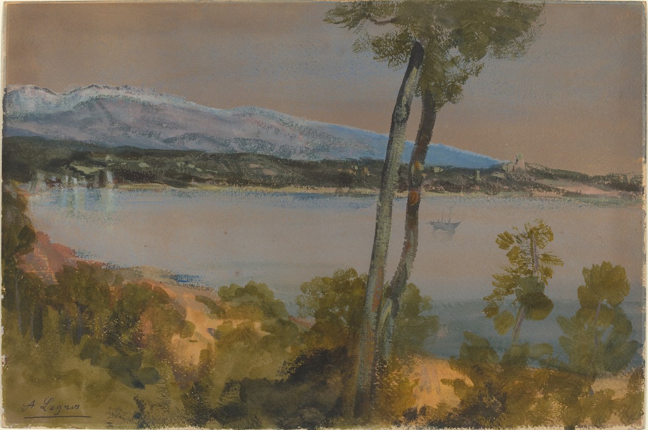 Berg sett bortom en sjö av Alphonse Legros