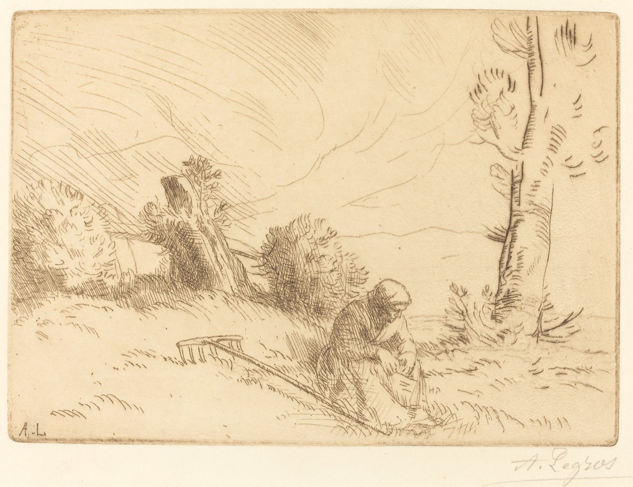 Bondekvinna som sitter nära en häck av Alphonse Legros