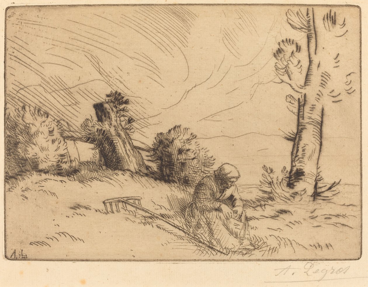 Bondekvinna som sitter nära en häck av Alphonse Legros