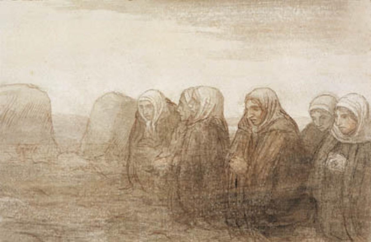 Sex bondfruar i bön på ett höstfält av Alphonse Legros