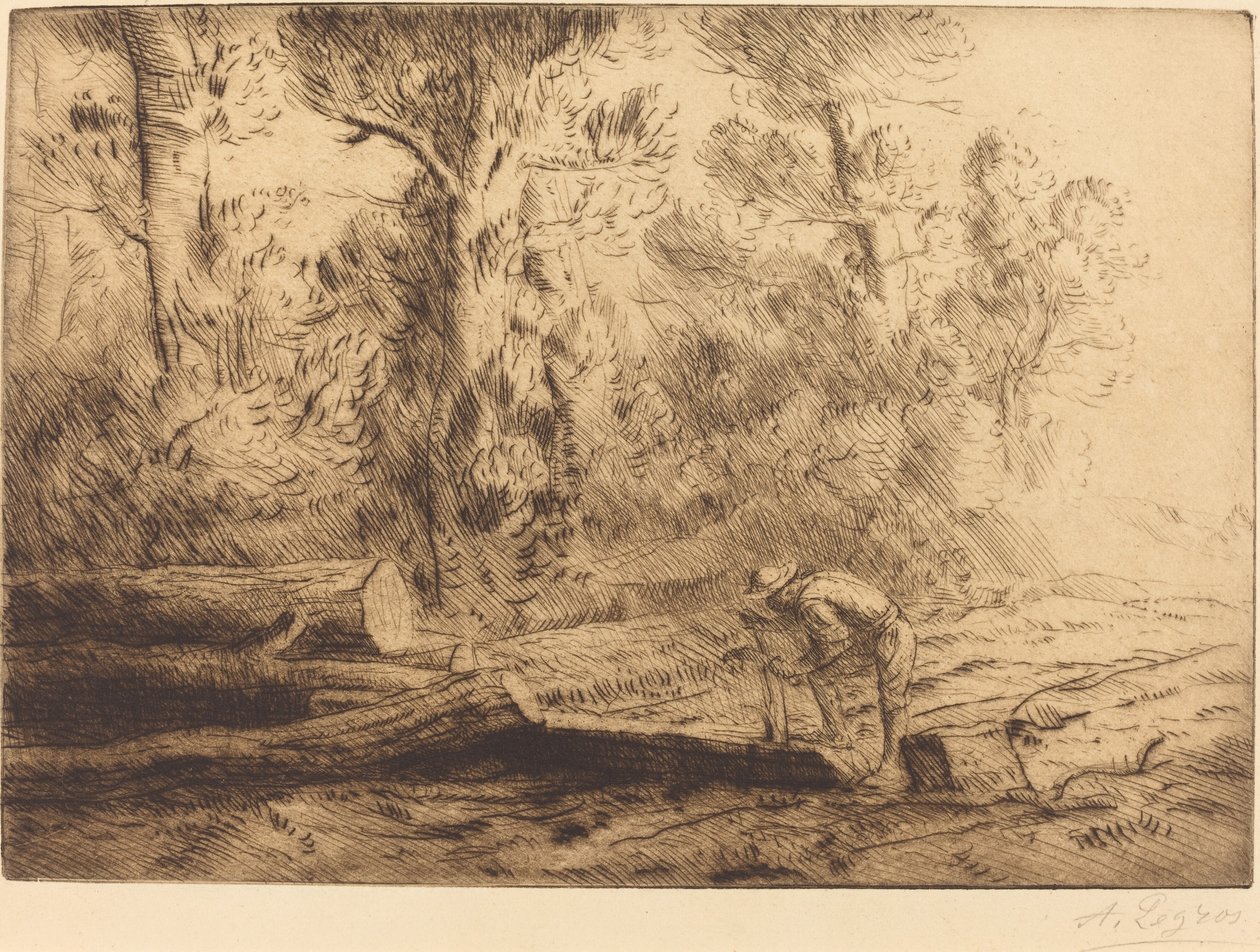 Squaring Logs Man som klyver stockar. av Alphonse Legros