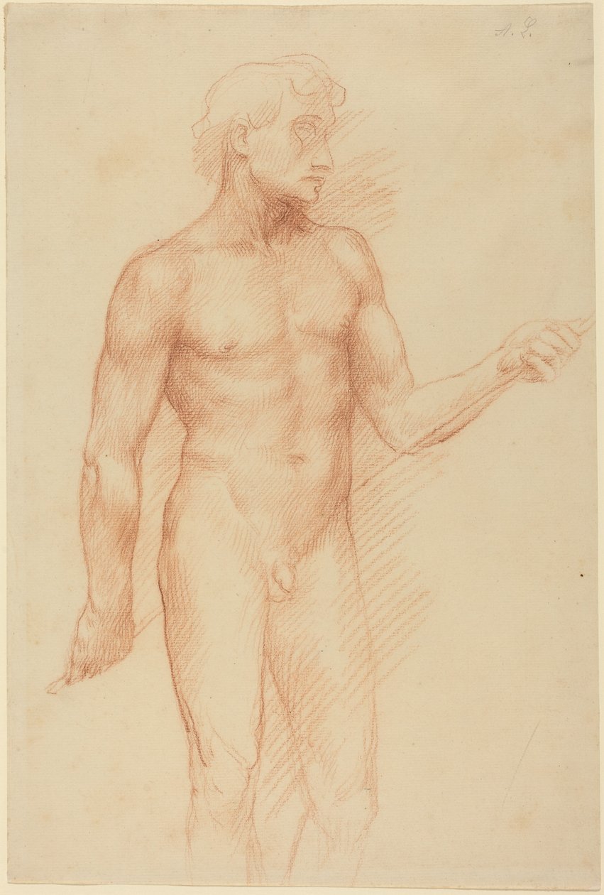 Studie av en mans figur som håller en stav bakom ryggen av Alphonse Legros