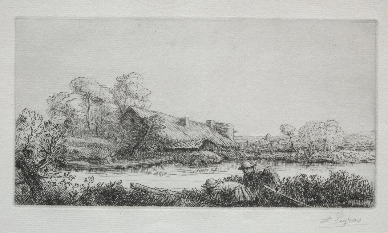 Farmen vid floden (La Ferme Sur La Rivière: Aftoneffekt) av Alphonse Legros