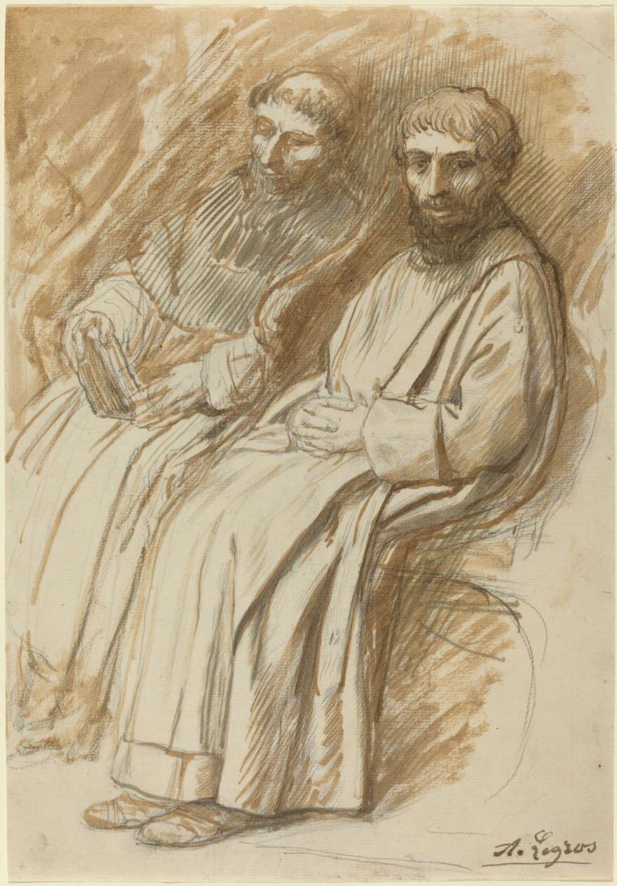 Två munkar som sitter i en kyrka av Alphonse Legros