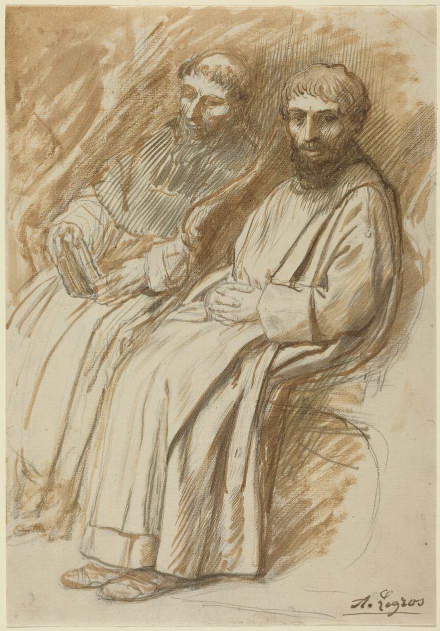 Två munkar som sitter i en kyrka av Alphonse Legros