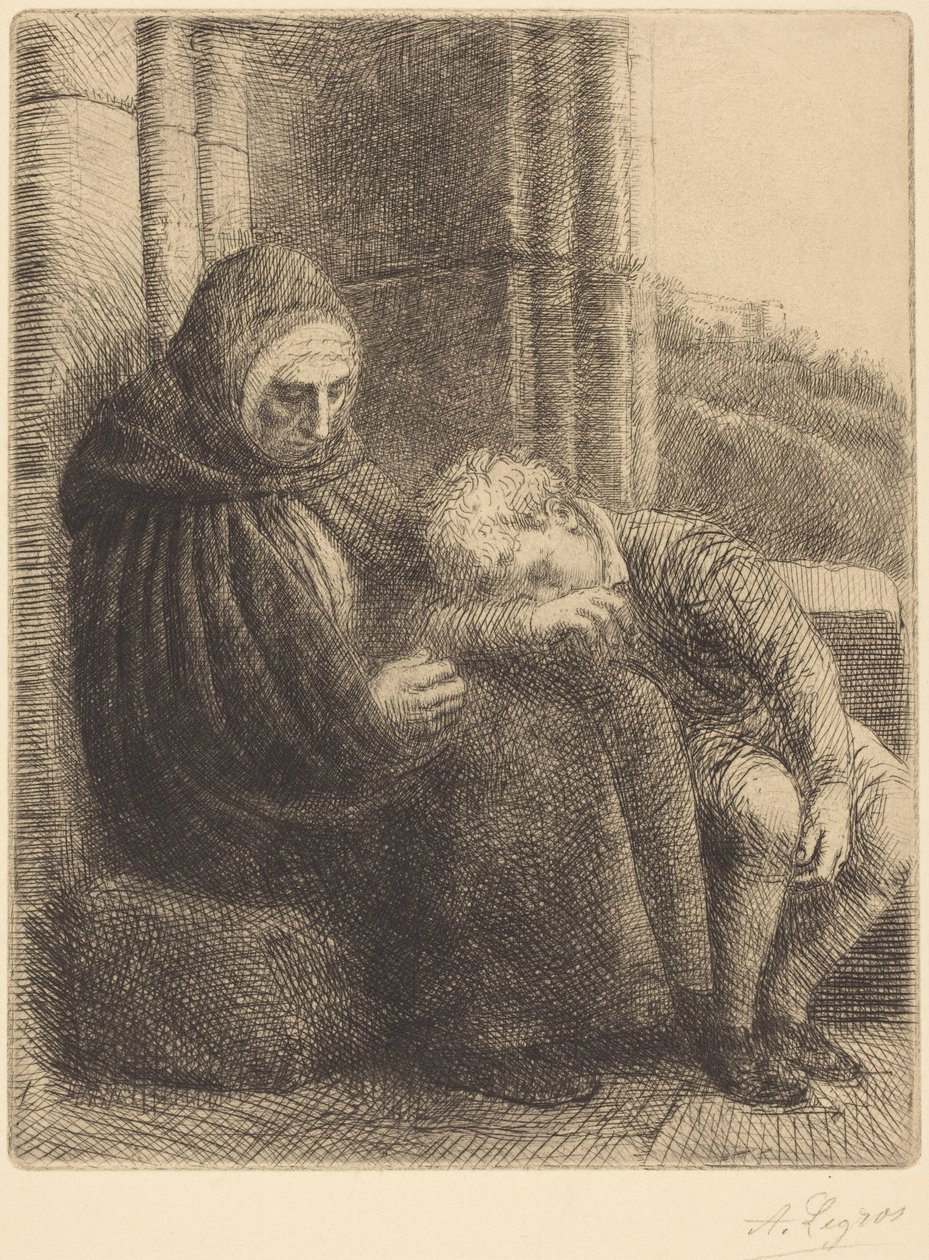 Kvinna sittande mot en mur, barn med huvudet i hennes knä (Kvinna sittande, mur i bakgrunden, barn med huvudet i hennes knä) av Alphonse Legros