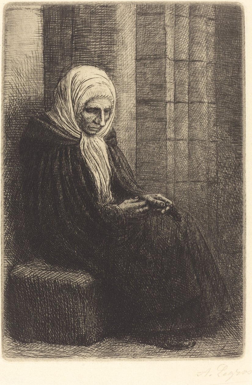 Kvinna som sitter mot en vägg, barn med huvudet i knäet Femme assis, muraille au fond.... av Alphonse Legros